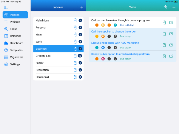 Business Inbox - 3 tasks selected to complete on iPad in Light Mode