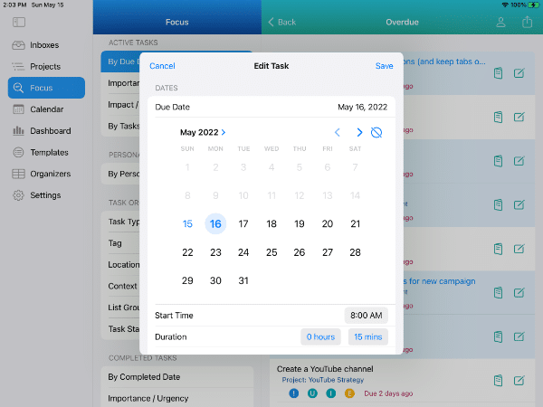 Changing Due Date for 5 selected Overdue Tasks on iPad in Light Mode