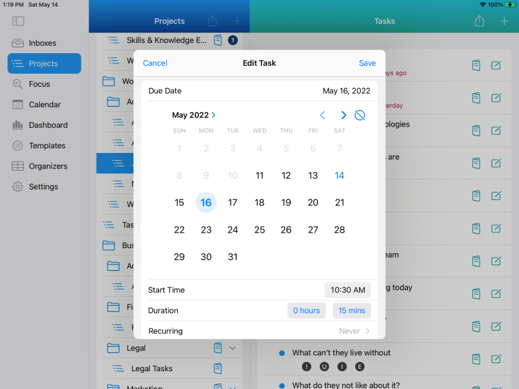 Changing the Due Date for a Project task on iPad in Light Mode