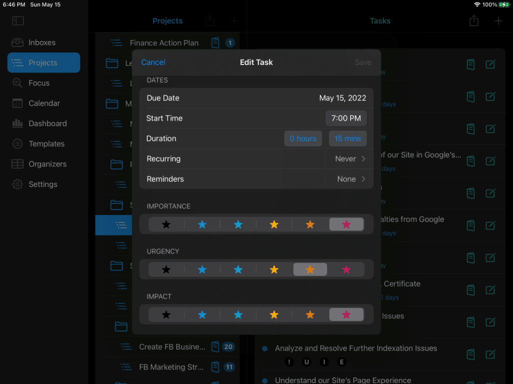 Editing a Project task on iPad in Dark Mode