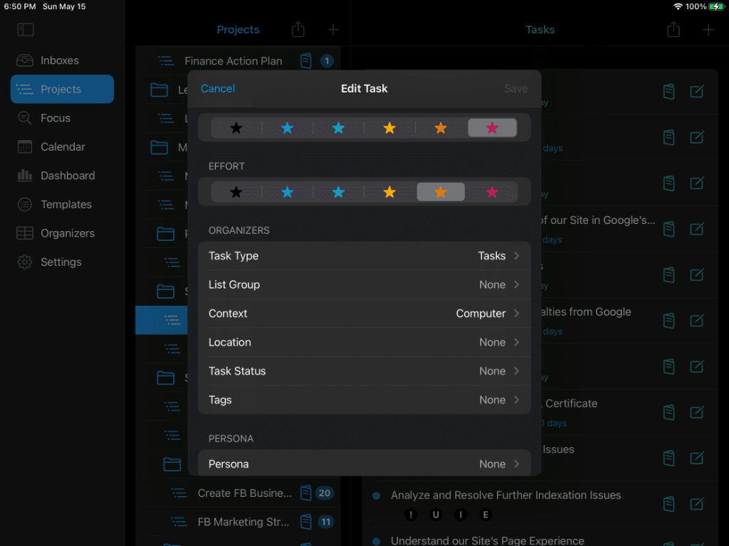 Editing a Project task showing priorities and Organizers on iPad in Dark Mode