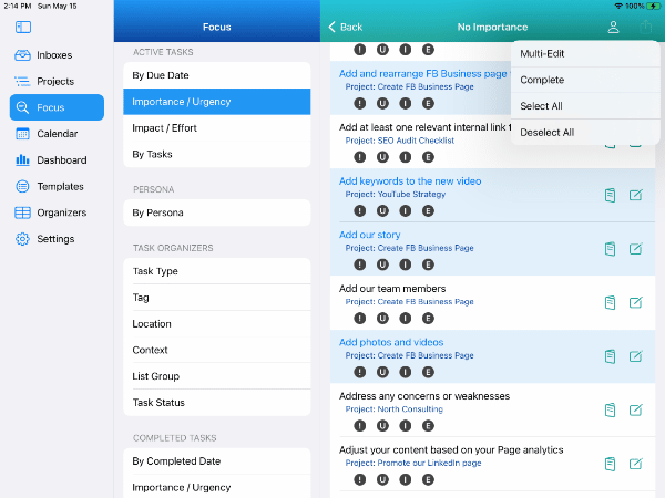 Five selected tasks with no Importance and Action Menu with Multi-Edit on iPad in Light Mode