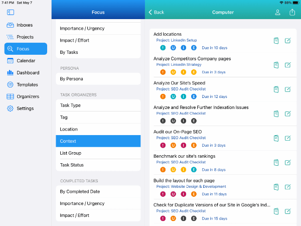 This Smart List shows a to-do list of all tasks with the Task Type of Calls on an iPad in Light Mode.