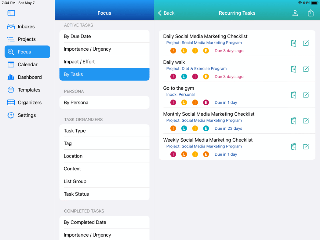 Focus View - Smart List of Recurring Tasks on iPad in Light Mode