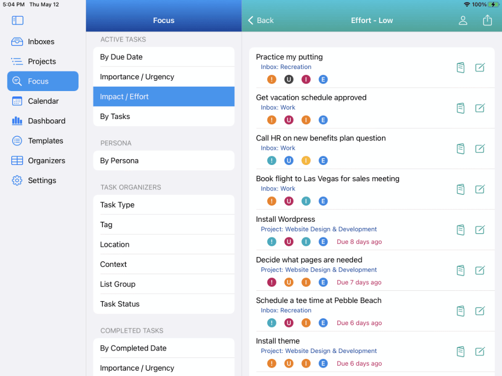 Focus View - Smart List with Tasks With Low Effort on iPad in Light Mode