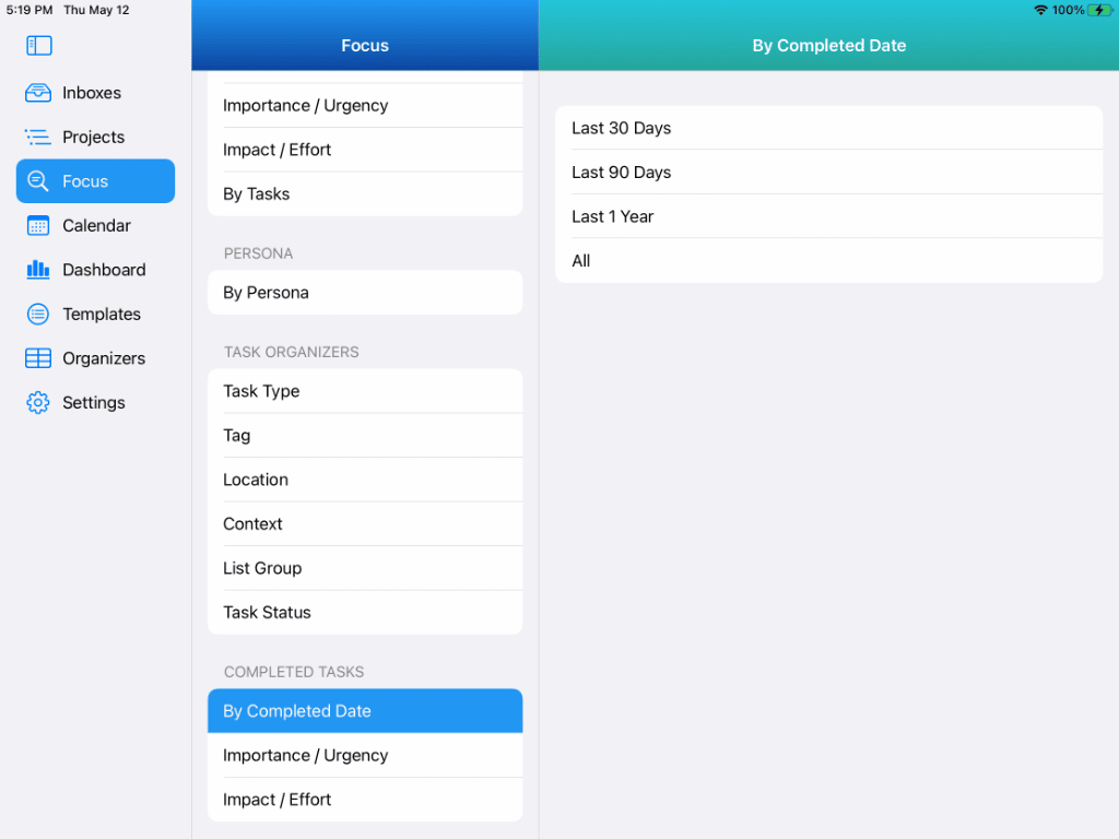 Focus View - Smart Lists by Completed Date on iPad in Light Mode