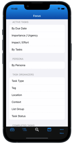 Focus View with Smart List Directory on iPhone in Light Mode