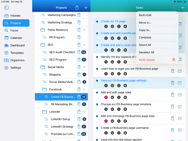 Four Project tasks selected with Action Menu showing Multi-Edit on iPad in Light Mode