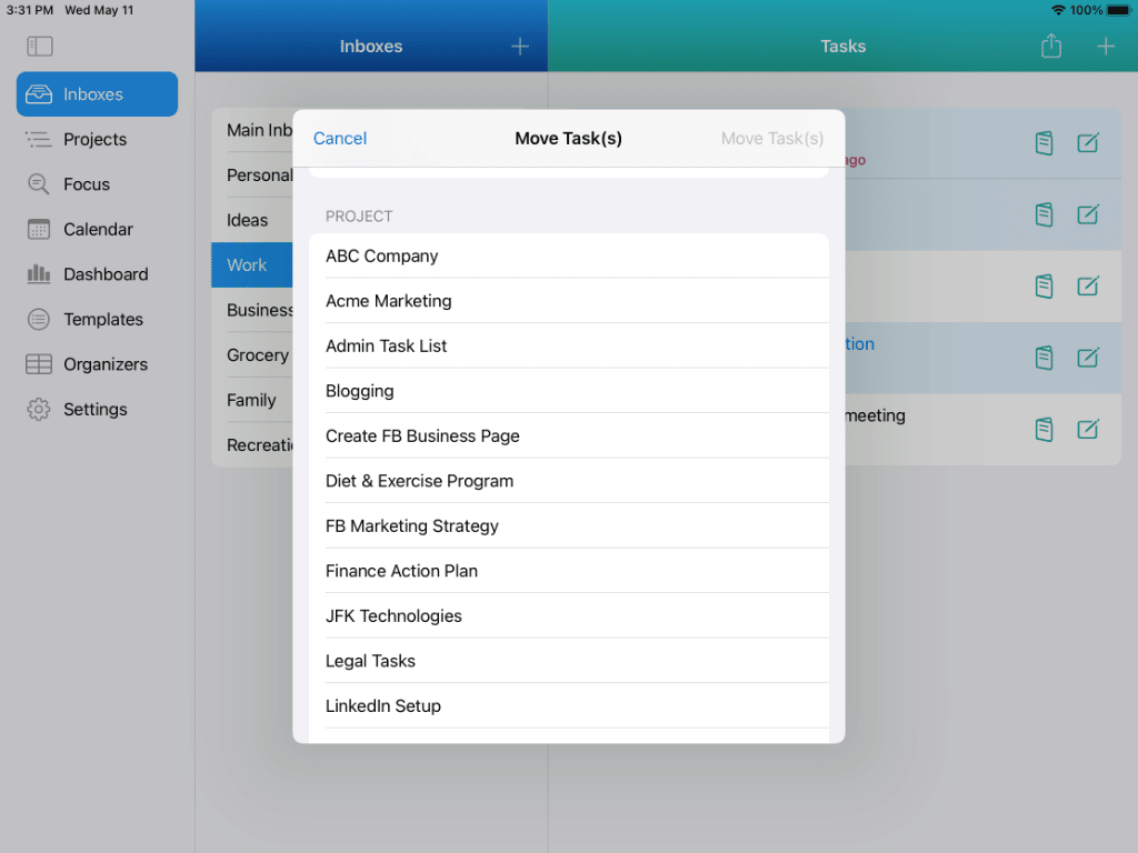 Inboxes - Work Inbox with 3 Tasks selected and Move Tasks choices shown on iPad in Light Mode