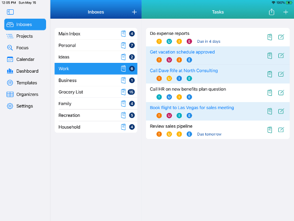 You can save time managing tasks using Multi-Edit. In this example, a screenshot of the Inboxes View shows 3 Work tasks selected on iPad in Light Mode