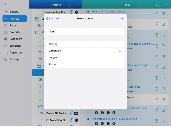 Nine Project tasks selected showing Multi-Edit for Context of Computer on iPad in Light Mode