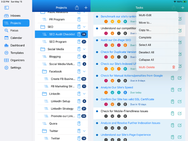 Nine Project tasks selected with Action Menu showing Multi-Edit on iPad in Light Mode
