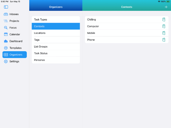Organizers - Contexts on iPad in Light Mode