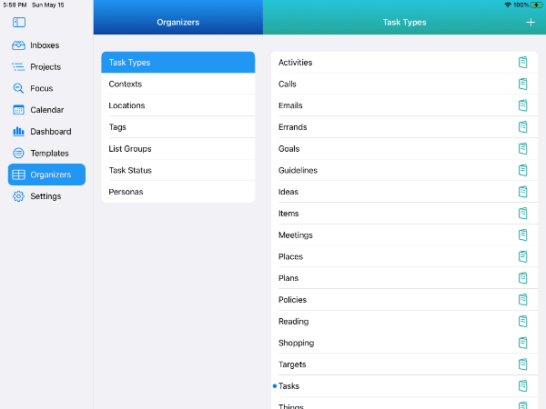 Organizers - Task Types on iPad in Light Mode