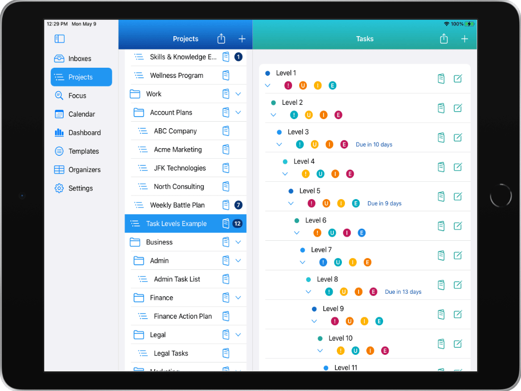 Project Directory & Project with 12 nested levels of tasks and sub-tasks on an iPad in Light Mode