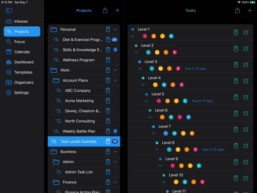 Project with 12 nested task levels in Dark Mode