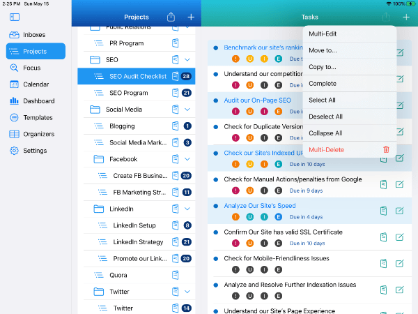 Project with 4 selected tasks with Action Menu showing Multi-Edit on iPad in Light Mode