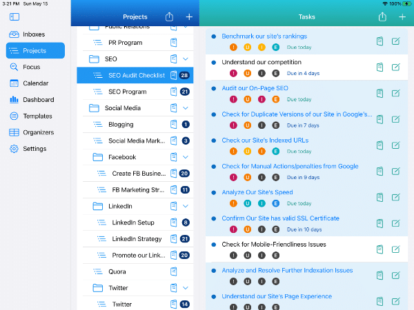 Project with 9 tasks selected on iPad in Light Mode