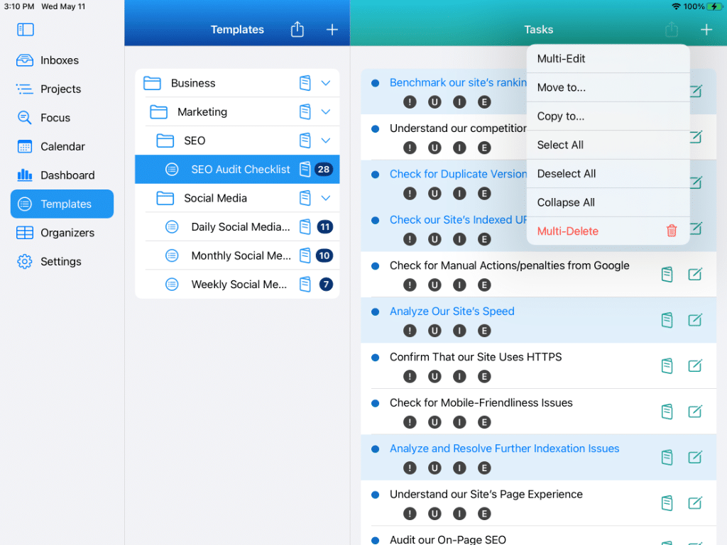 Project with Multiple Tasks Selected with Action Menu on iPad in Light Mode