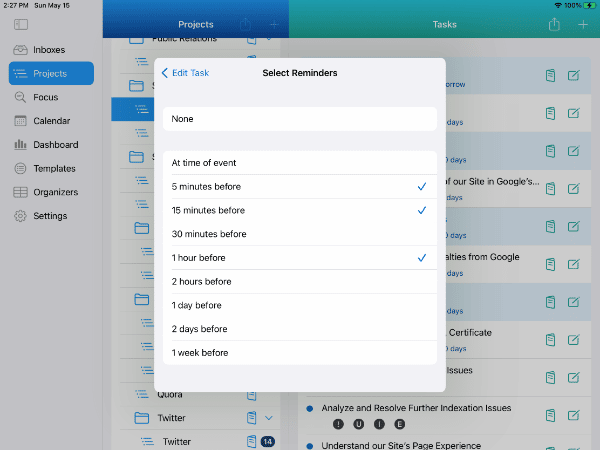 Setting 3 Reminders for 4 selected Project tasks on iPad in Light Mode
