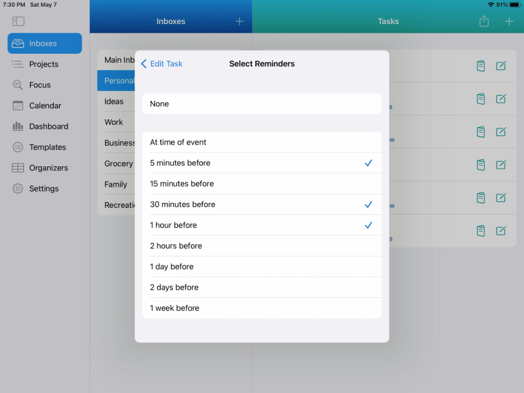 Setting 3 Reminders for a Task on iPad in Light Mode