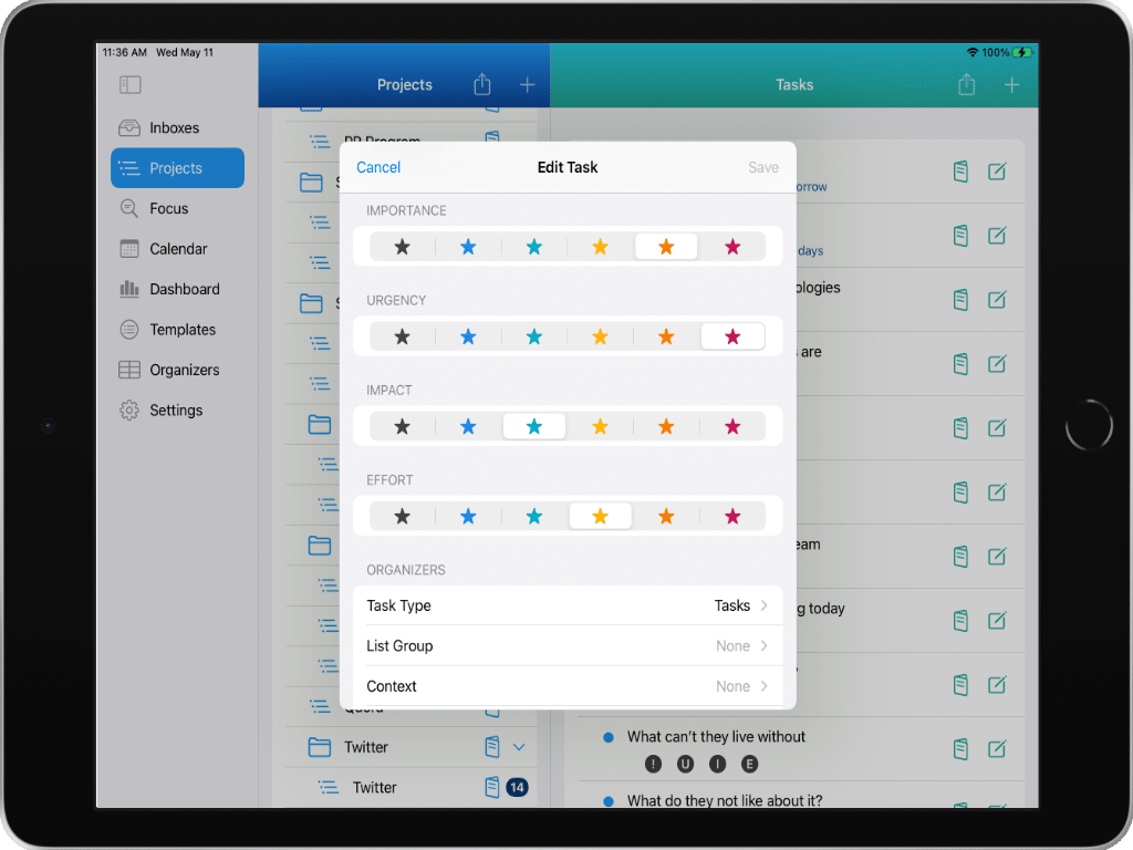 Setting Priorities and Organizers for a Task on an iPad in Light Mode