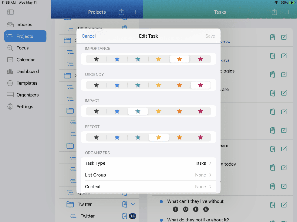 Setting Priorities and Organizers for a Task on iPad in Light Mode