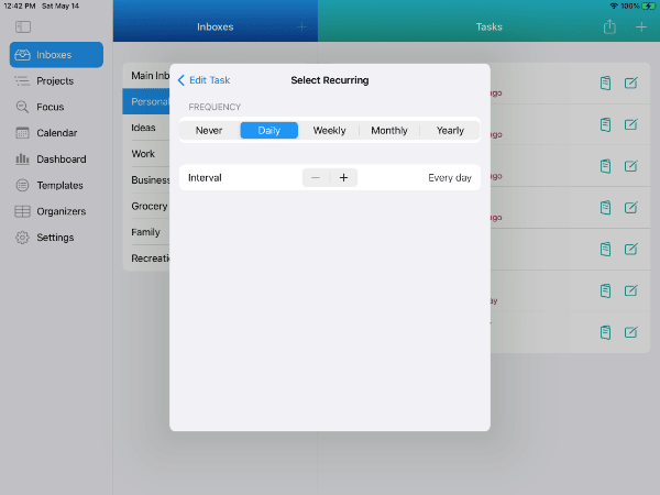 Setting recurring task for once per day on iPad in Light Mode
