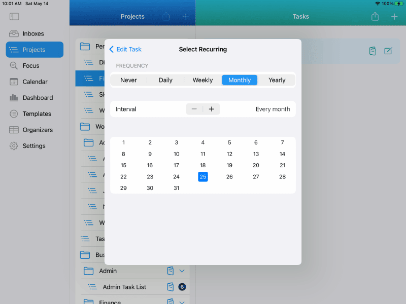 Setting recurring task to pay bills once per month on the 25th on iPad in Light Mode