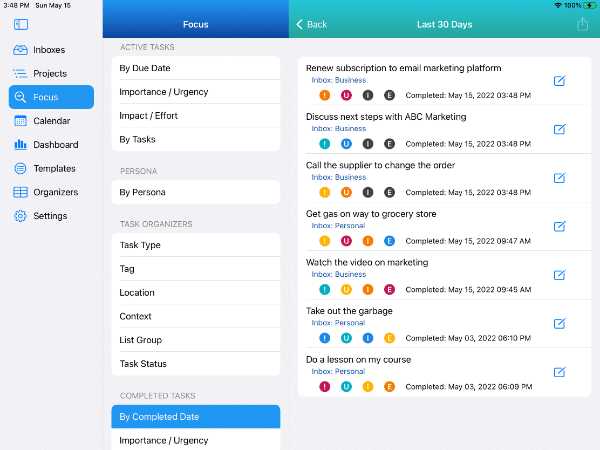 Smart List of Tasks Completed in Last 30 days showing most recently completed tasks on iPad in Light Mode