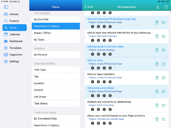 Smart List with 5 tasks selected with no Importance on iPad in Light Mode