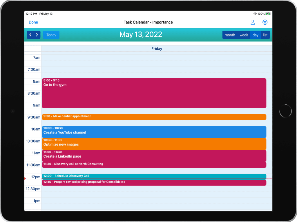 Task Calendar showing Day View with Effort Level on iPad in Light Mode 2
