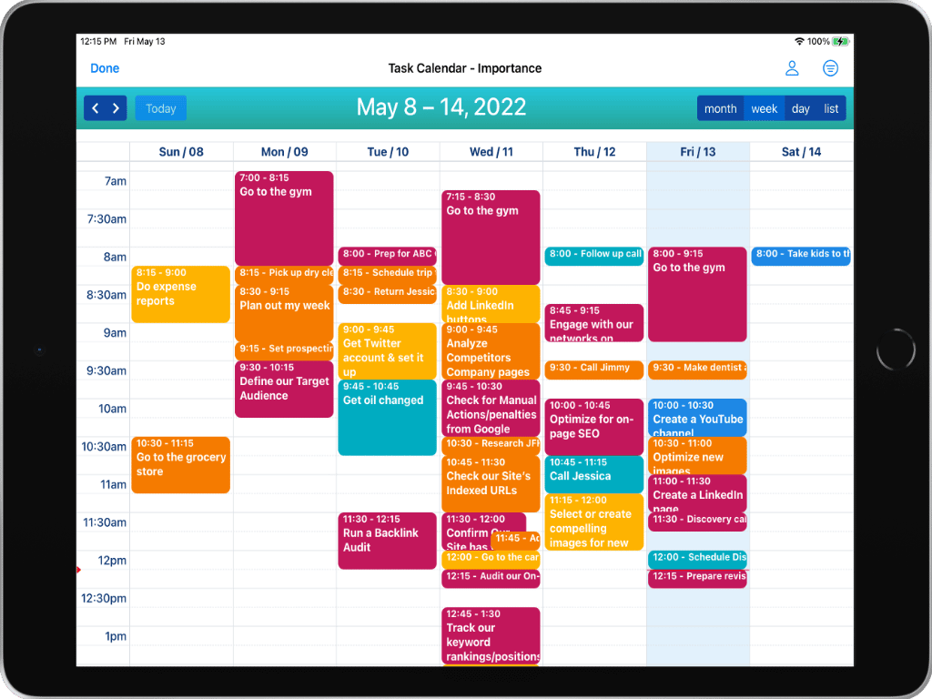 Task Calendar - Week View on an iPad in Light Mode