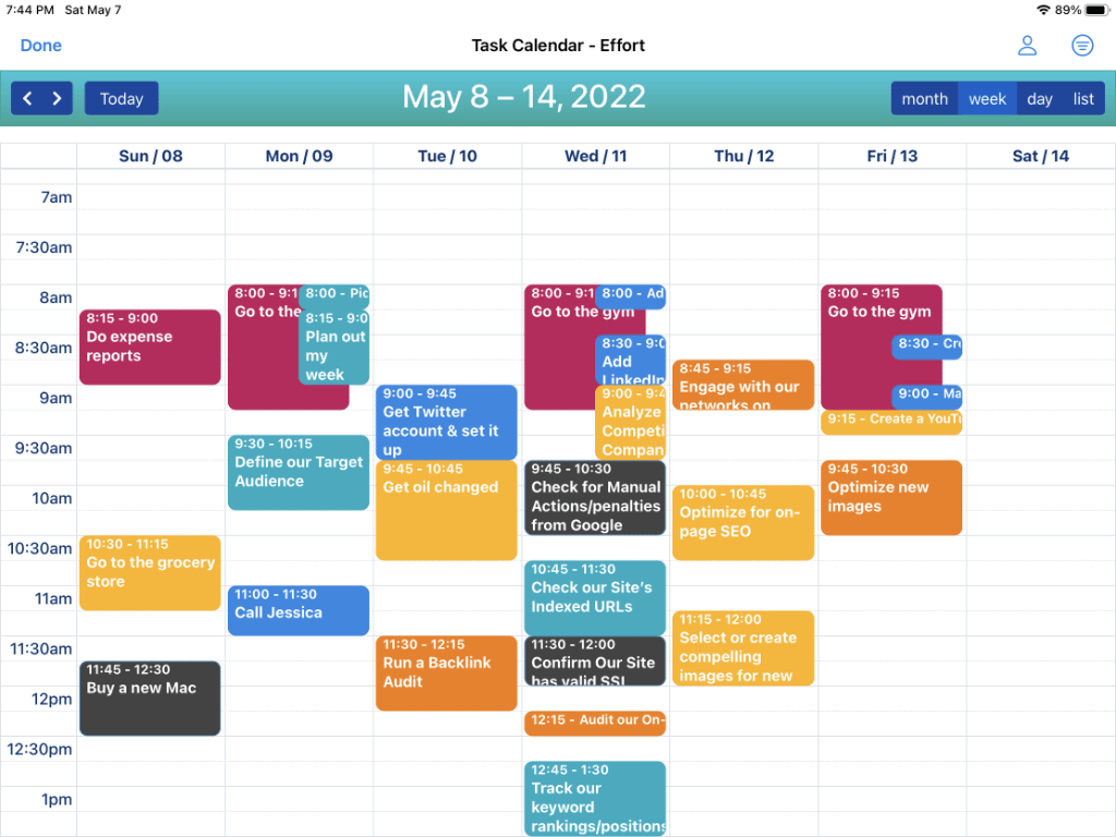 Task Calendar showing Week View with tasks priority color coded for Importance and time blocked on the calendar on iPad
