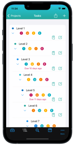 Tasks for a Project with several sub-task levels on iPhone in Light Mode