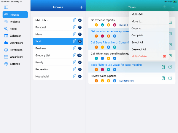 Three Tasks selected with Action Menu shown with Multi-Edit on iPad in Light Mode