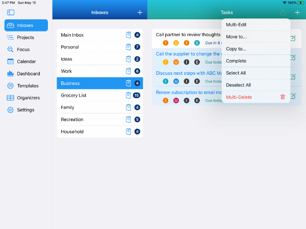 Three tasks selected with Action Menu showing Complete option on iPad in Light Mode