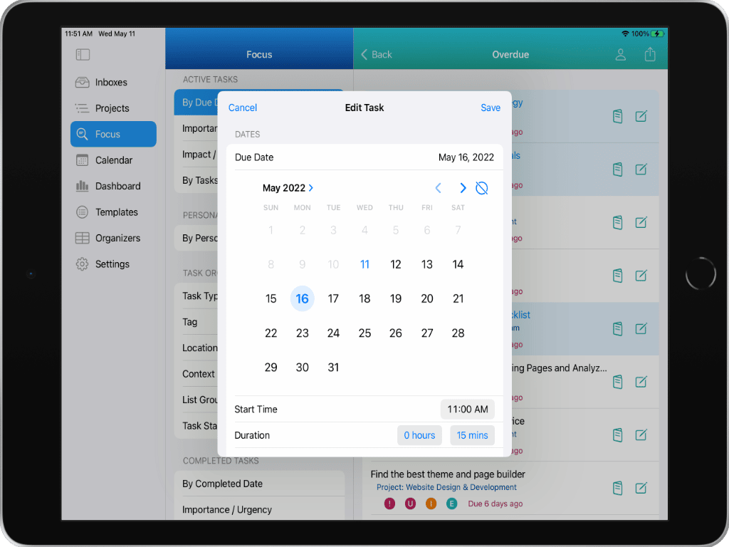 Using Multi-Edit to change Due Date on 3 selected Tasks on an iPad in Light Mode