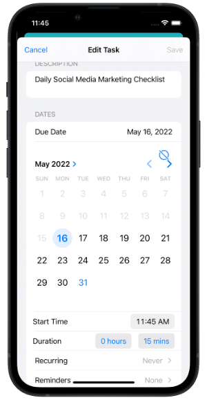 Changing Due Date for an overdue Task on an iPhone in Light Mode