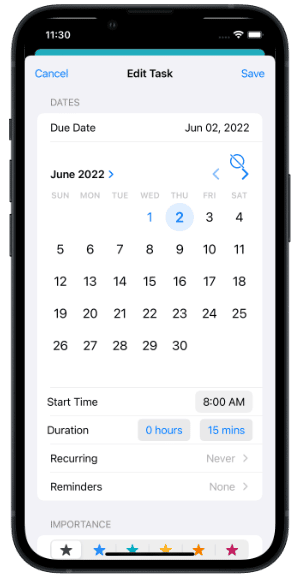 Changing the Due date for 4 overdue tasks using Multi-Edit on an iPhone in Light Mode