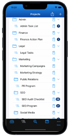 Project Directory with sub-Folders and several Project LIsts on an iPhone in Light Mode