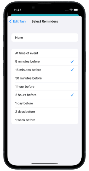 Setting 3 Reminders for a task on an iPhone in Light Mode
