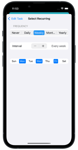 Setting up a recurring task for Monday-Wednesday-Friday every week on an iPhone in Light Mode