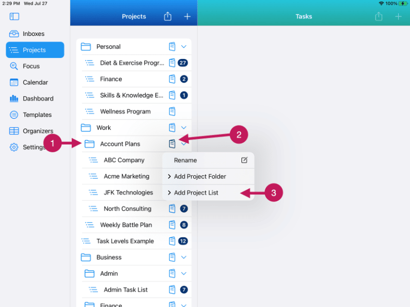 Project Directory and Project Tasks with Multiple Task levels on iPad in Light Mode