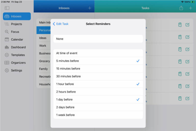 Setting reminders for your tasks is a simple tap or click for each reminder you want to set. You can set multiple reminders for each task. In this example, there are 3 reminders set for the task.