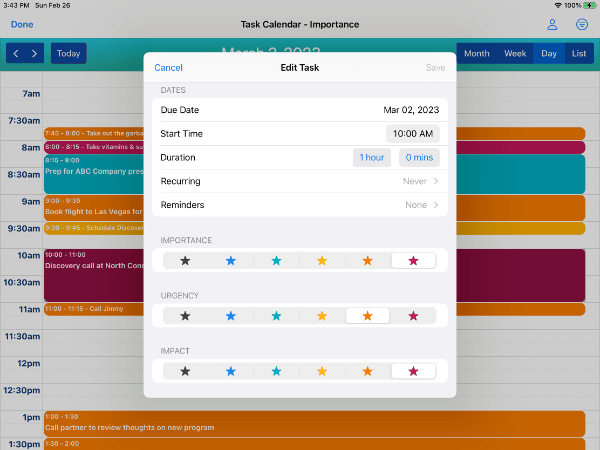 Editing Task on Task Calendar on iPad in Light Mode