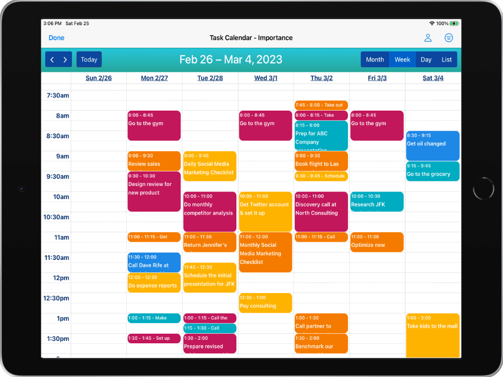 Week View on the Task Calendar on an iPad in Light Mode.