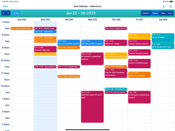 Calendar showing Weekly View on iPad in Light Mode with priority color-coded tasks.