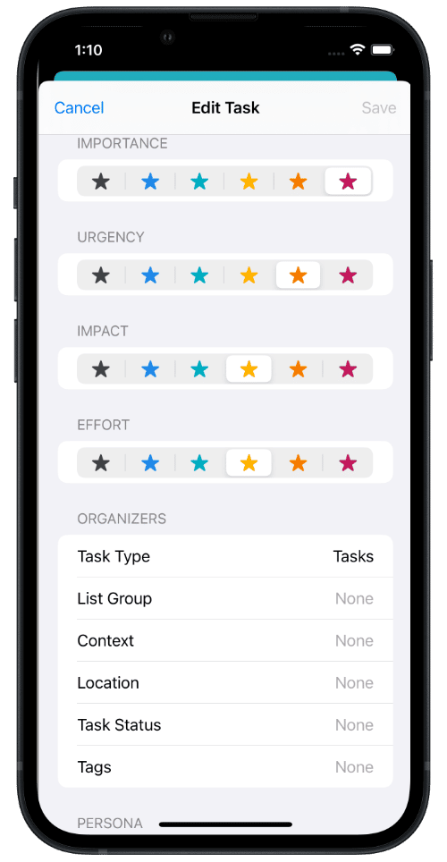 Editing a Template Task with Priorities and Organizers on an iPhone in Light Mode