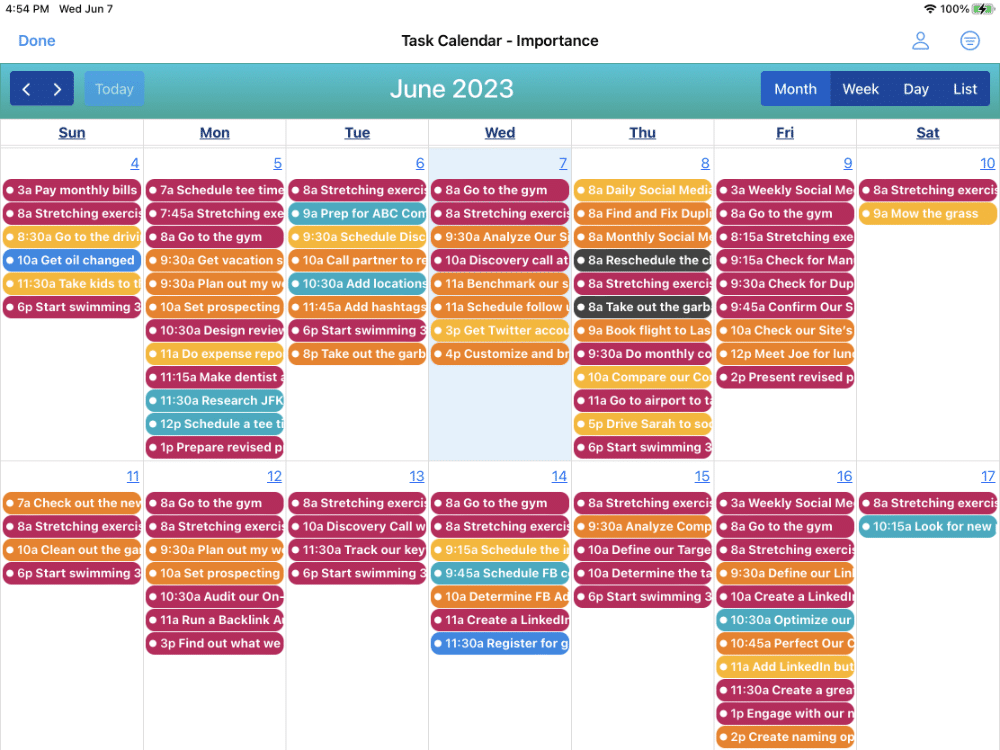 This screenshot shows the in-app Calendar with the Month View. The tasks are color-coded by priority level. Tasks can be edited, completed, and deleted right in the Calendar. Tasks can be rescheduled using drag & drop.